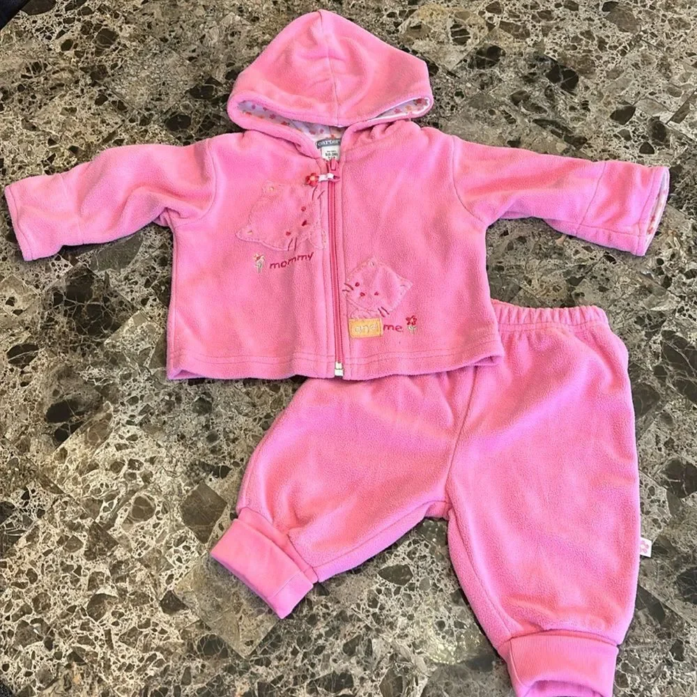 Carter's Girls Fleece Pink Jogger Hoodie Lined Jacket Outfit Track Set Size 0-3M